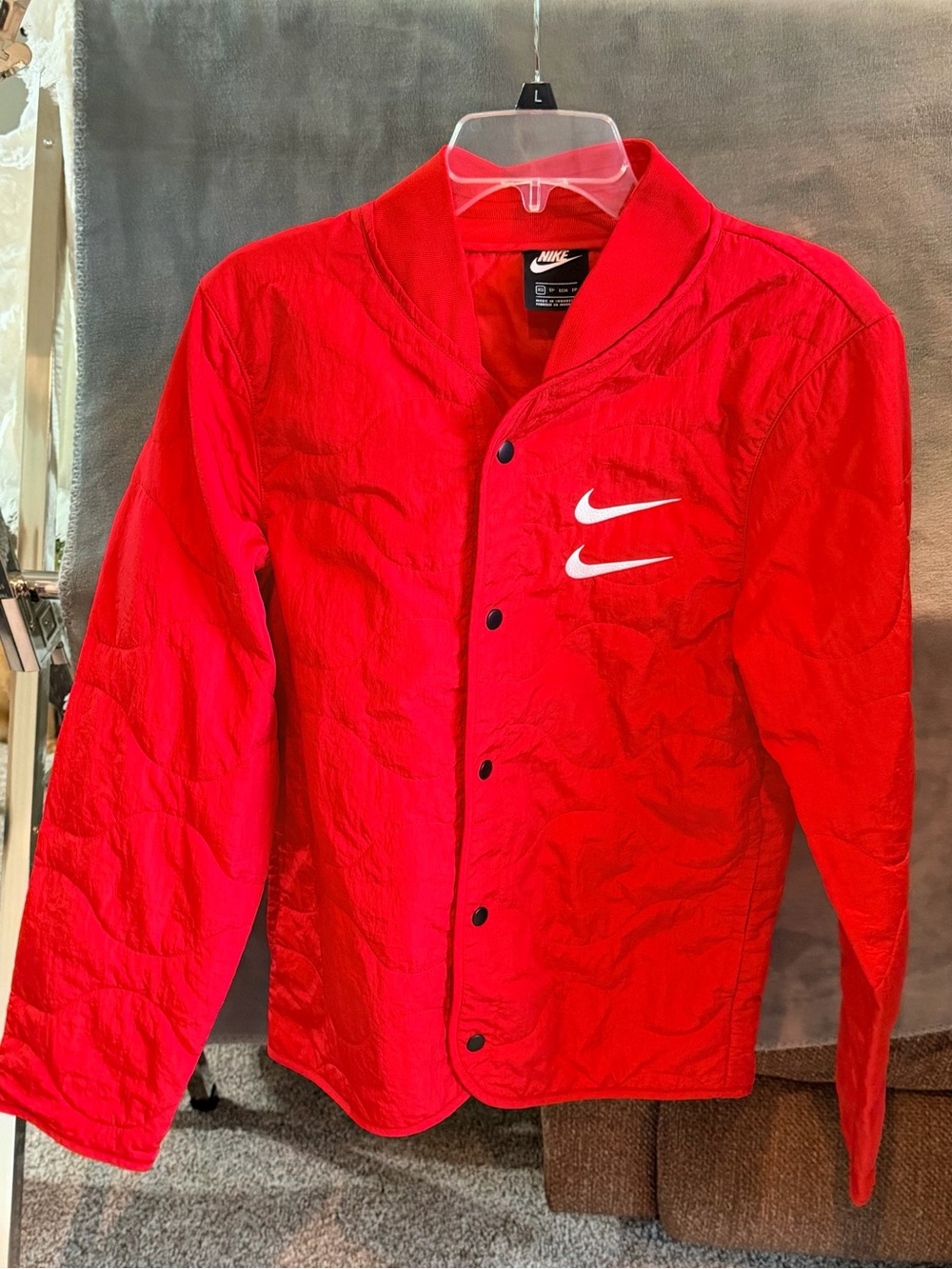 Nike Red Quilted Bomber Jacket with Double Swoosh